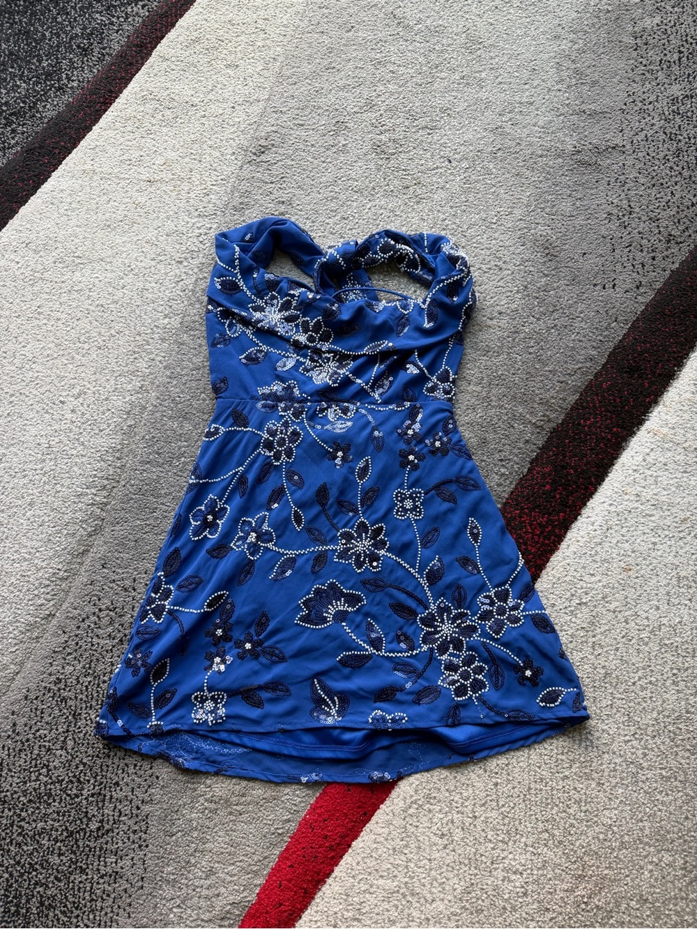 Lucy In The Sky Blue Floral Beaded Halter Mini Dress